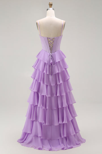 Purple Spaghetti Straps Tiered Corset Prom Dress
